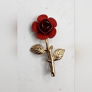 Vintage Red Rose Pin Brooch Gold Tone 1.5"
